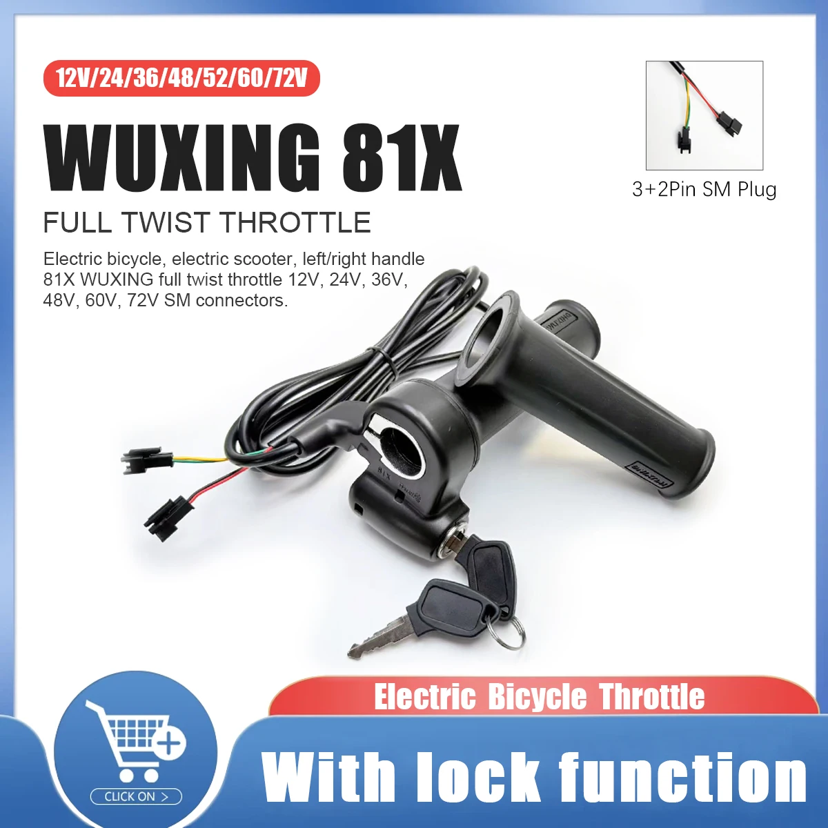 

12V-72V WUXING 81X with Lock Ebike Scooter Accelerator Power for Electric Bike Scooter Twist Throttle Grip E-bike Handlebar
