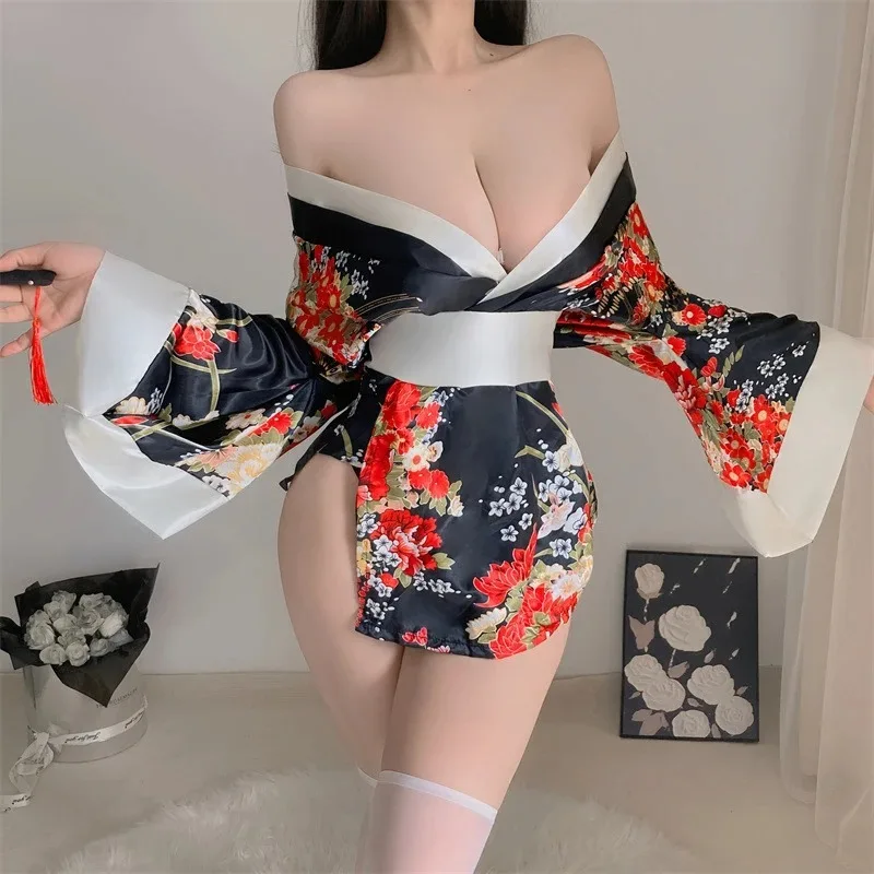 에로틱 기모노 유니폼 세트 게이샤 기모노 가운 포르노 섹시한 코스프레 잠옷 활 젊어지기 잠옷 빨간 옷