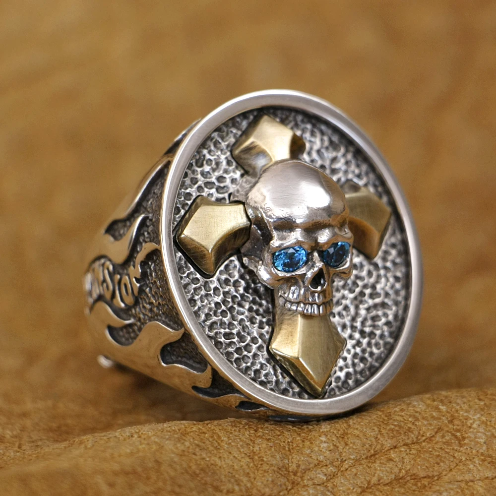 LINSION Blue CZ Eyes Brass Cross 925 Sterling Silver Fire Skull Ring TA445 US Size 8~15