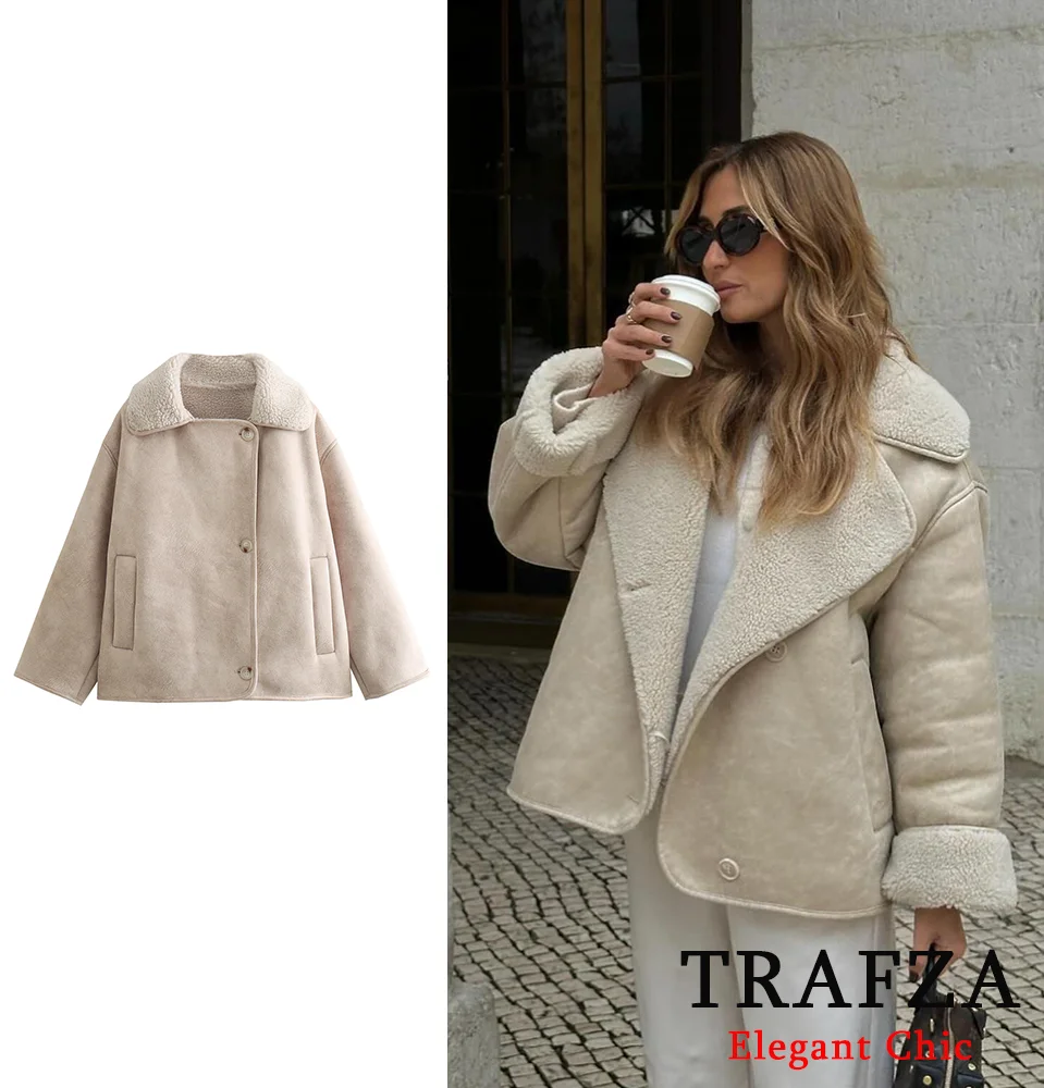 TRAFZA Classic Suede Padded Jacket Coat Women\'s Lapel Buttons Loose Jacket Coat New 2024 Fall Winter Fashion Jacket Coat