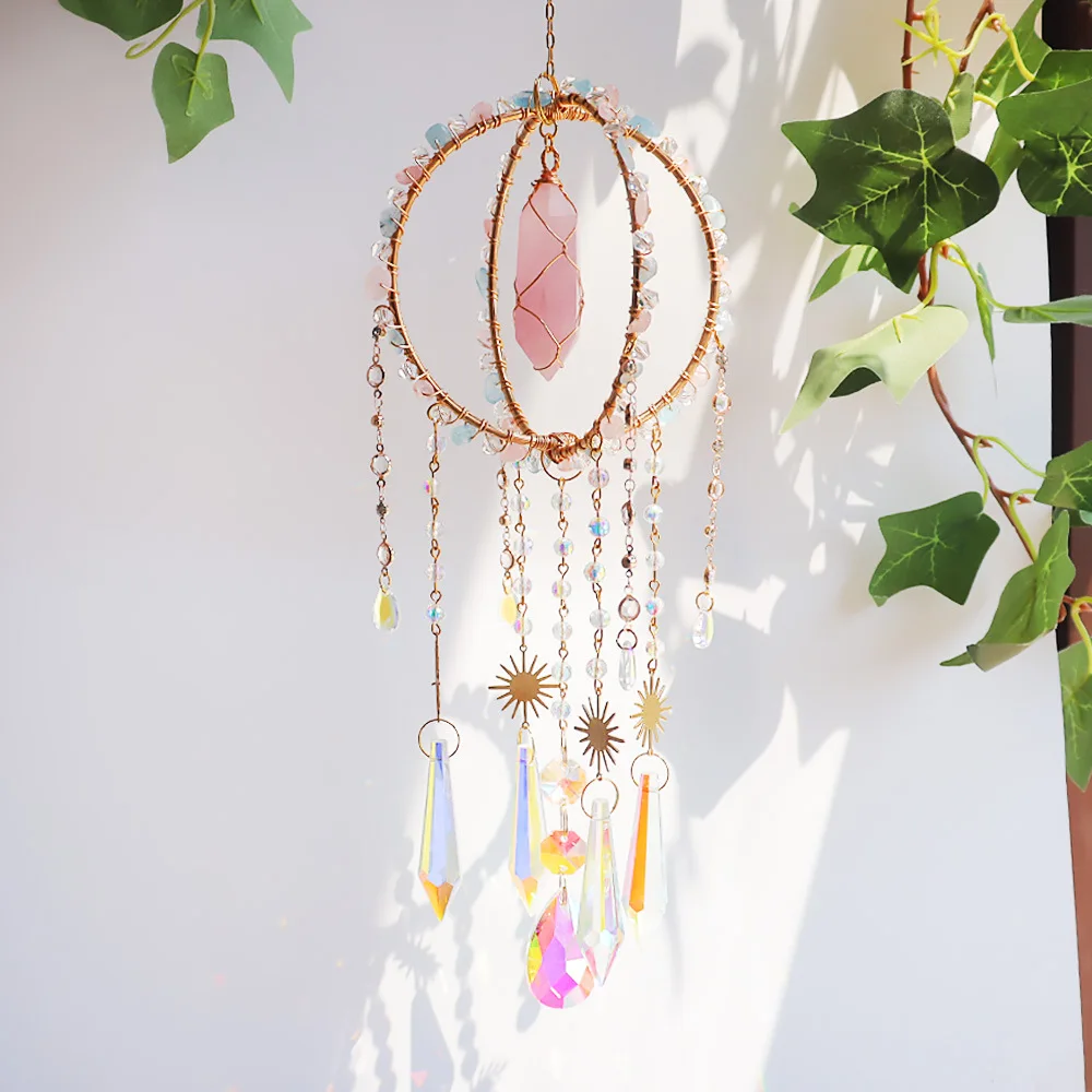 Custom Rose Quartz Chip Stone Interlocking Double Circle Sun Catcher - Glass Pendants Hanging Ornament for Window Decor