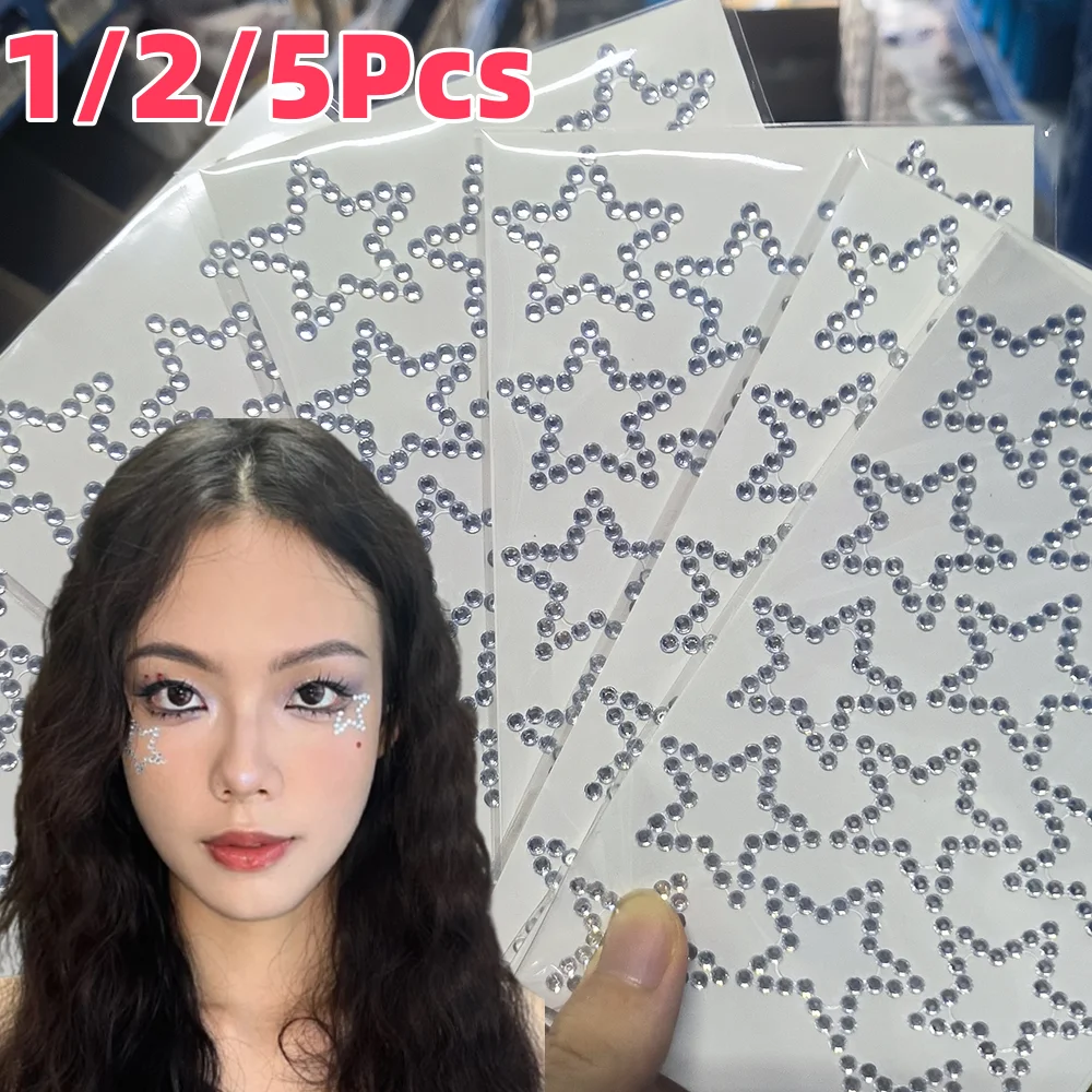 

1/2/5Pcs 3D Hollow Star Face Diamond Sticker Clear Pentagram Crystal Fake Tattoo Self-adhesive Jewels for Eye Body Makeup Decor