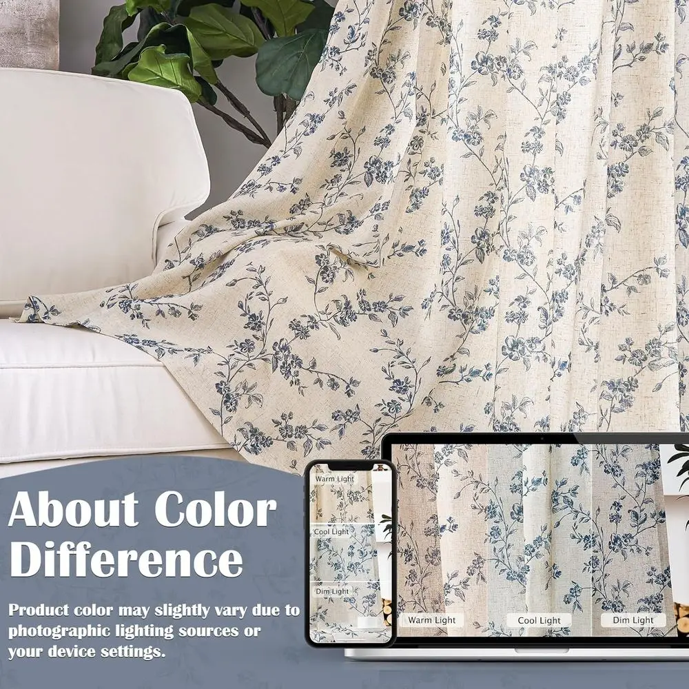 Tende in lino floreale blu per soggiorno e camera da letto, lunghezza 90, filtraggio della luce, set da 2 pannelli con tasca per asta e linguette posteriori