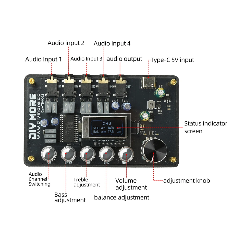 DC 5V TDA7440 CW Audio-Switcher-Verstärkerplatine mit Klangregelung Typ C-Schnittstelle DM-TB4C02 – Detail 7