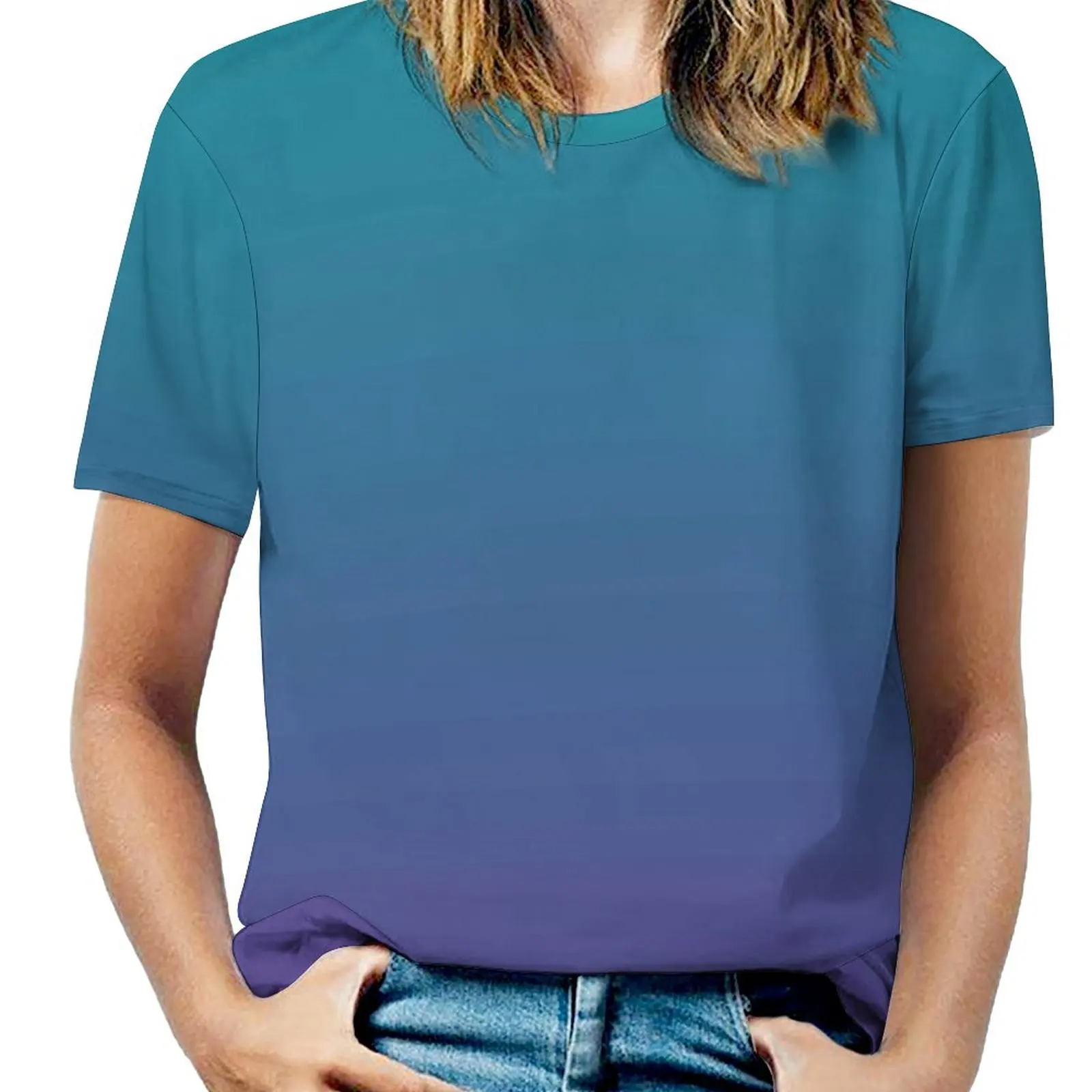 Ombre | Gradient Colors | Teal And Purple | Fashion Print Women Ladies Girls T-Shirt Harajuku Round Neck Short Sleeve Tops &