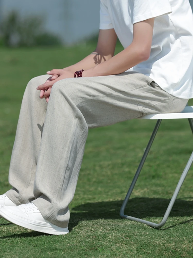 

Ice Silk Cotton Linen Men's Summer Thin Wide Leg Pants Drapey Loose Fit Casual Straight Leg Trousers Faionable Loose Waist