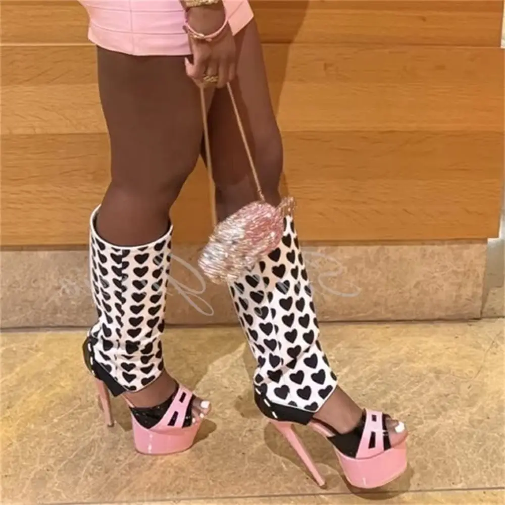 Girl Pink Heart Decor Knee High Boot Sexy Round Toe Platform Stiletto Heel Summer New Trendy Metal Heel Women Elegant Sandals
