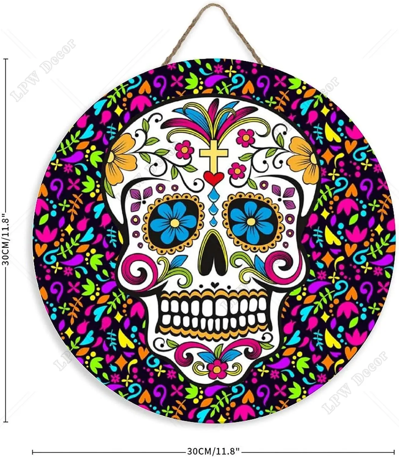 Colorful Sugar Skull Circle Wood Sign Dia De Los Muertos Halloween Wall Art Home Decoration for Front Door Garden Porch