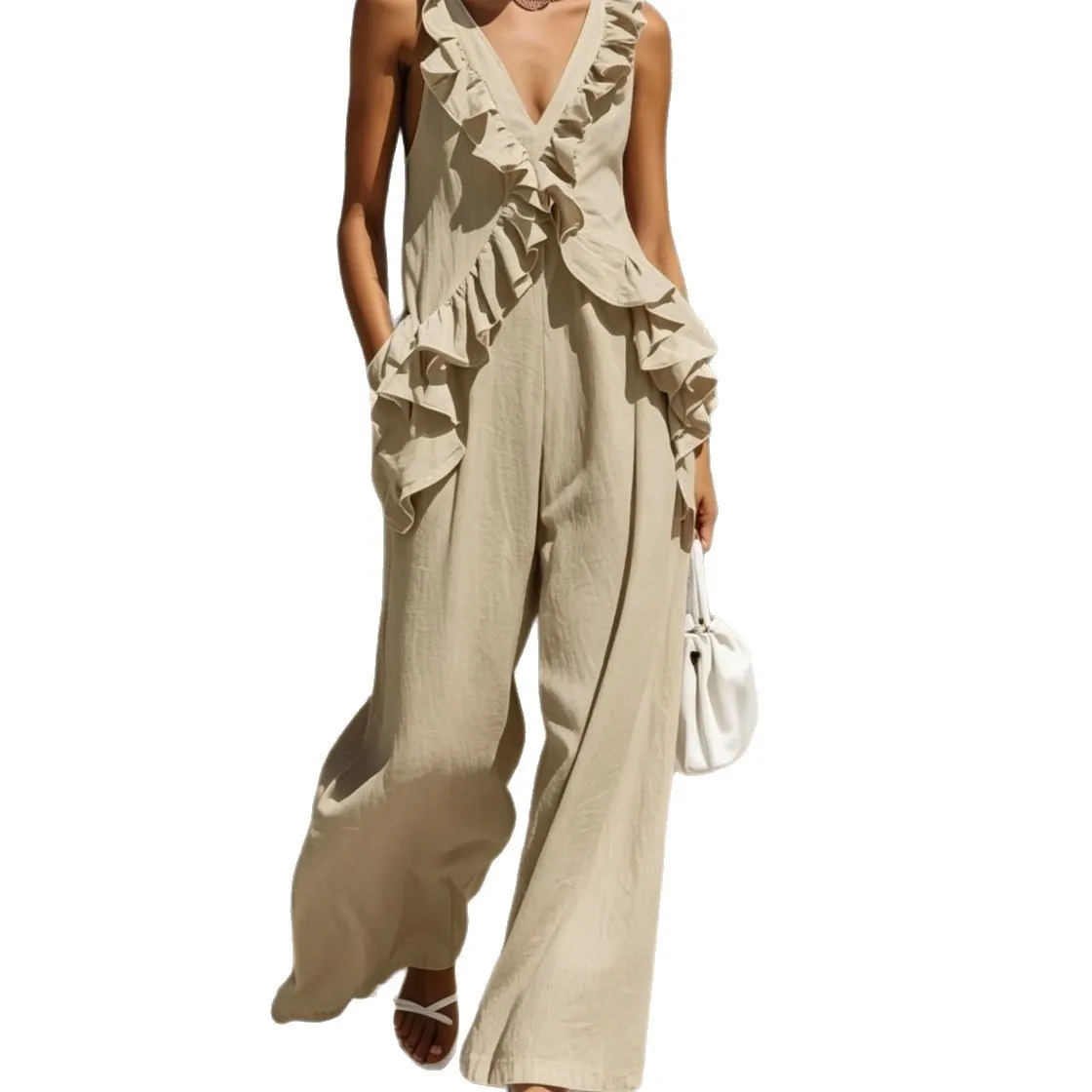 

Women's Summer Jumpsuit Boho Ruffle Backless Asymmetrical Jumpsuits Sleeveless V Neck Solid Color Romper Wide Leg Pants Light