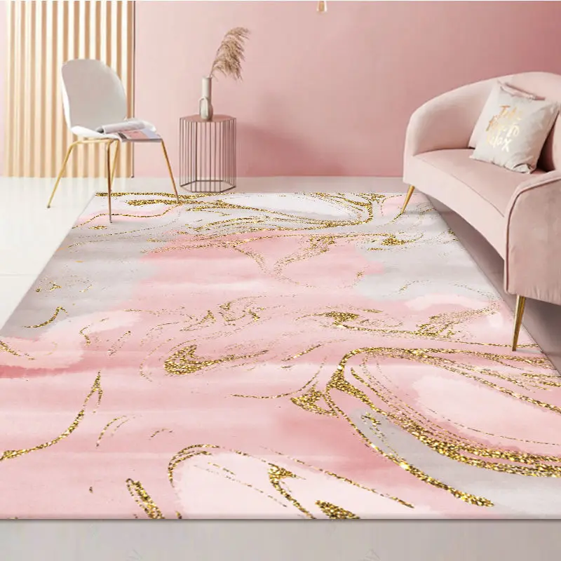 Alfombra grande nórdica moderna para sala de estar, estampado 3D dorado y rosa, abstracto colorido para cocina, dormitorio, alfombra personalizada para el hogar