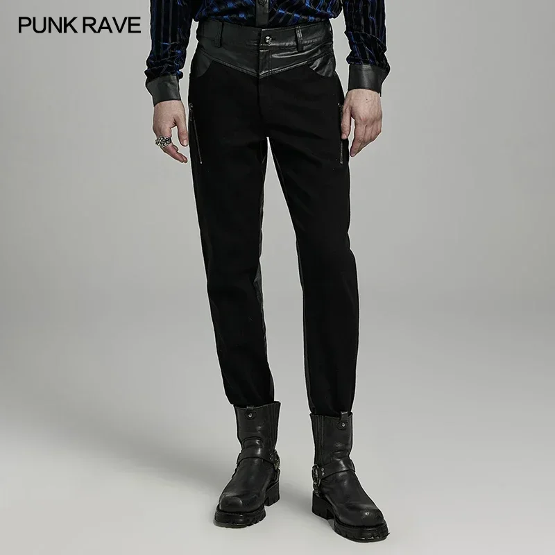 

PUNK RAVE Men's Punk Tight Elastic Woven Pants Simple Personalized Slim Black Trousers Autumn/Winter Men Clothing Streetwear