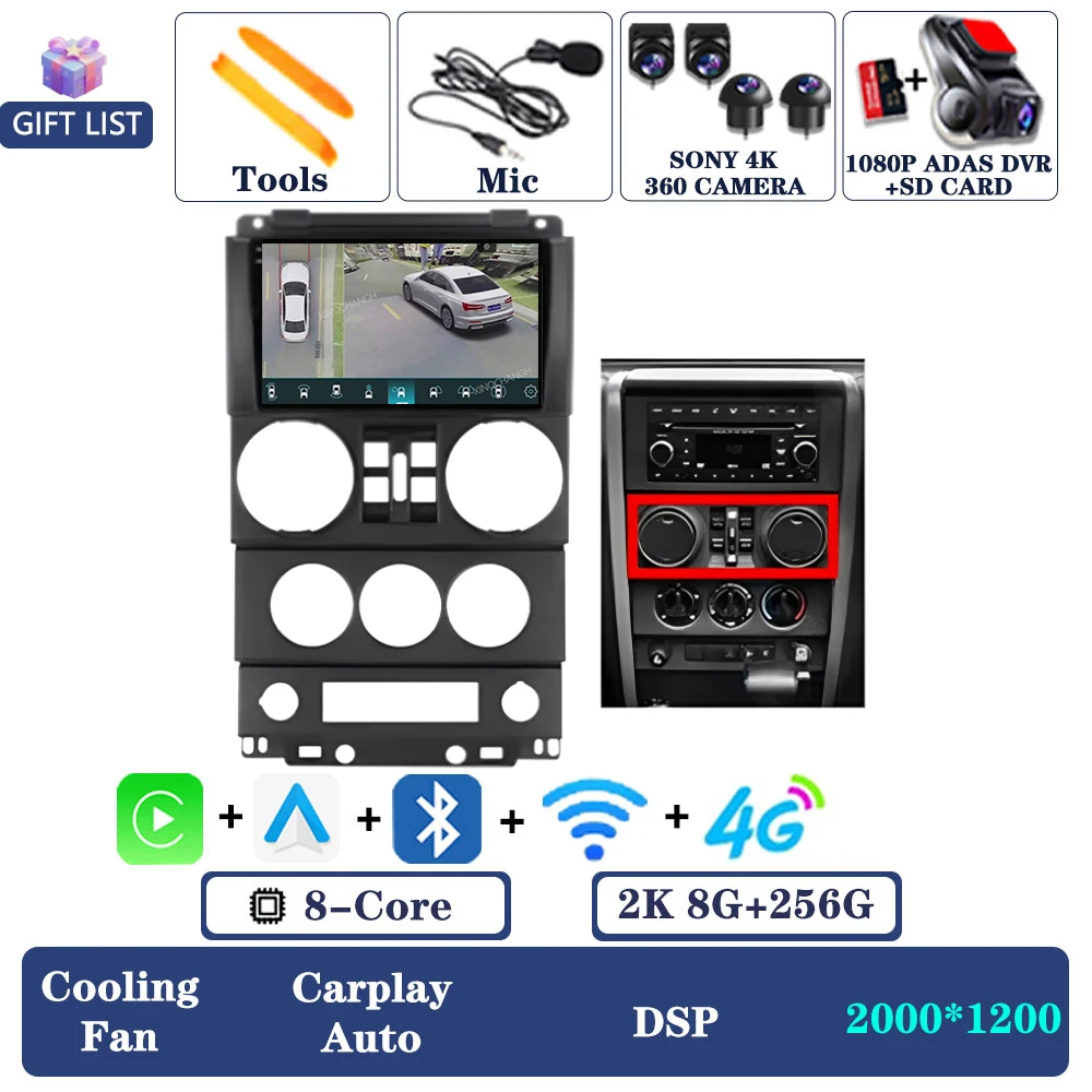 Android 16 autoradio voor Jeep Wrangler 3 JK 2008 - 2010 QLED multimediasysteem videospeler 2DIN Qualcomm 4G LTE 5G WIFI BT GPS