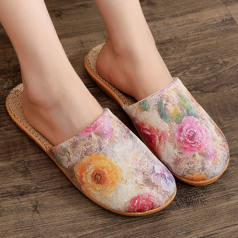 Весенне-осенние удобные тапочки с ретро-принтом, женские подходящие домашние нескользящие дышащие туфли из конопли на мягкой подошве