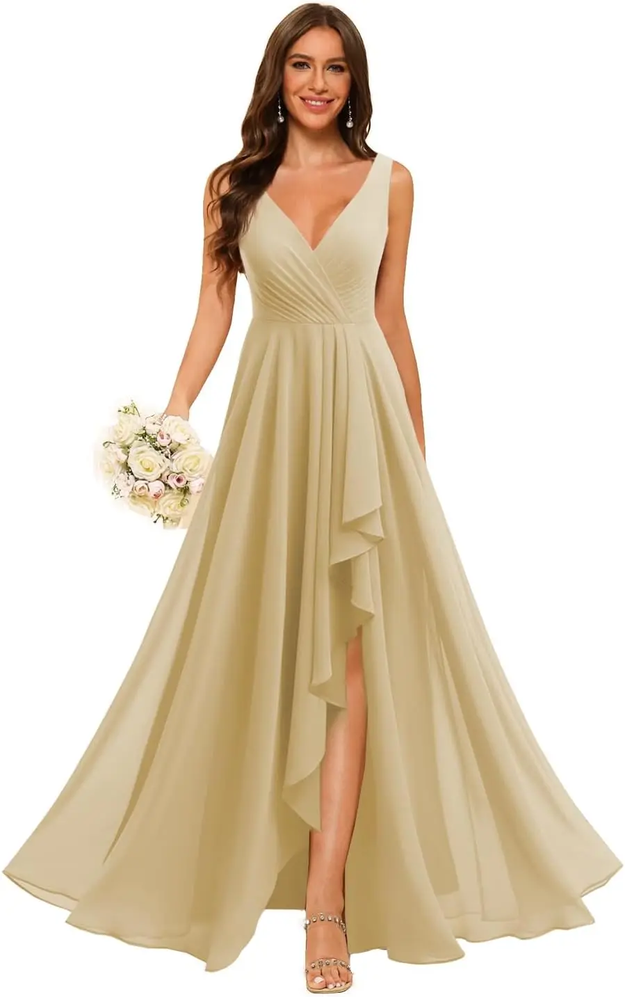 

Women's V Neck Chiffon Bridesmaid Dresses A-Line Formal Evening Gowns with Pockets And Slit 2025 Style