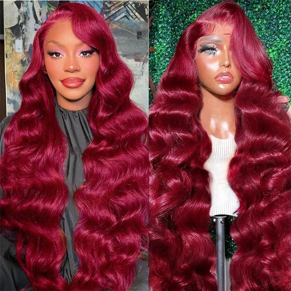 

Wine Red 13×4 Body Wave Lace Front Wigs Human Hair Burgundy 220 Density Transparent Pre Plucked Lace Frontal Wig For Women 99J