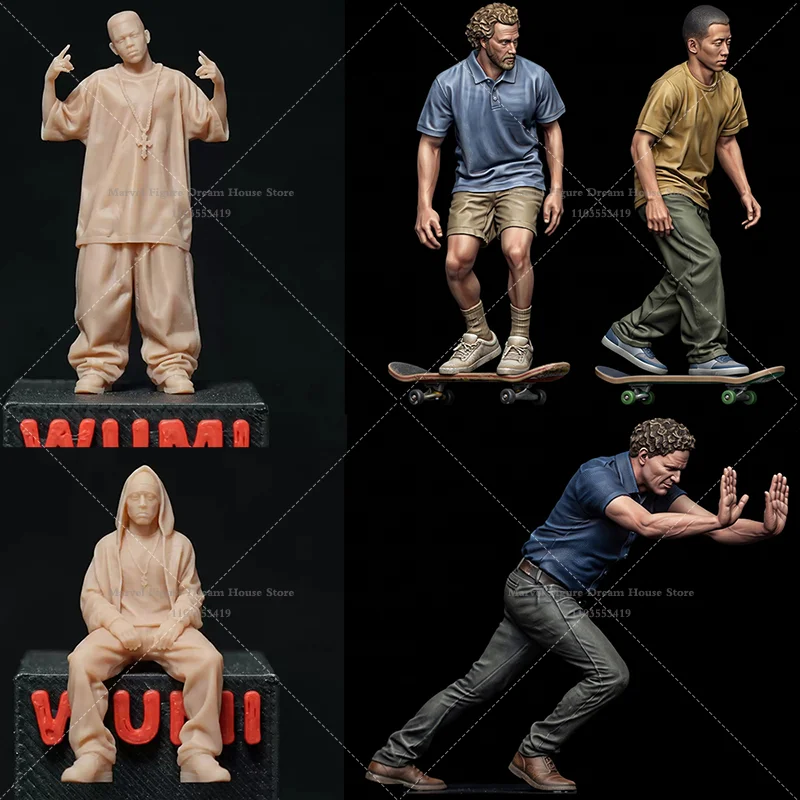 1/64 1/43 1/35 Scale Miniature Scene Dolls Un-panited White Figure Mini Model Skateboarding Enthusiast Hip-hop Dude Street Rap