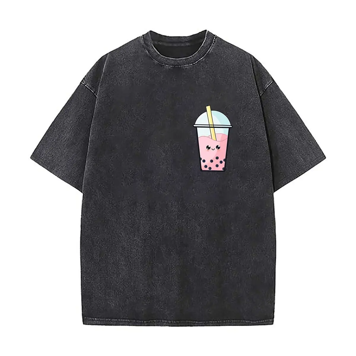 Boba Tea Playful Food Pink Culinary Themed Design Vintage Distressed Washed Cotton Short Sleeve Streetwear Outfit