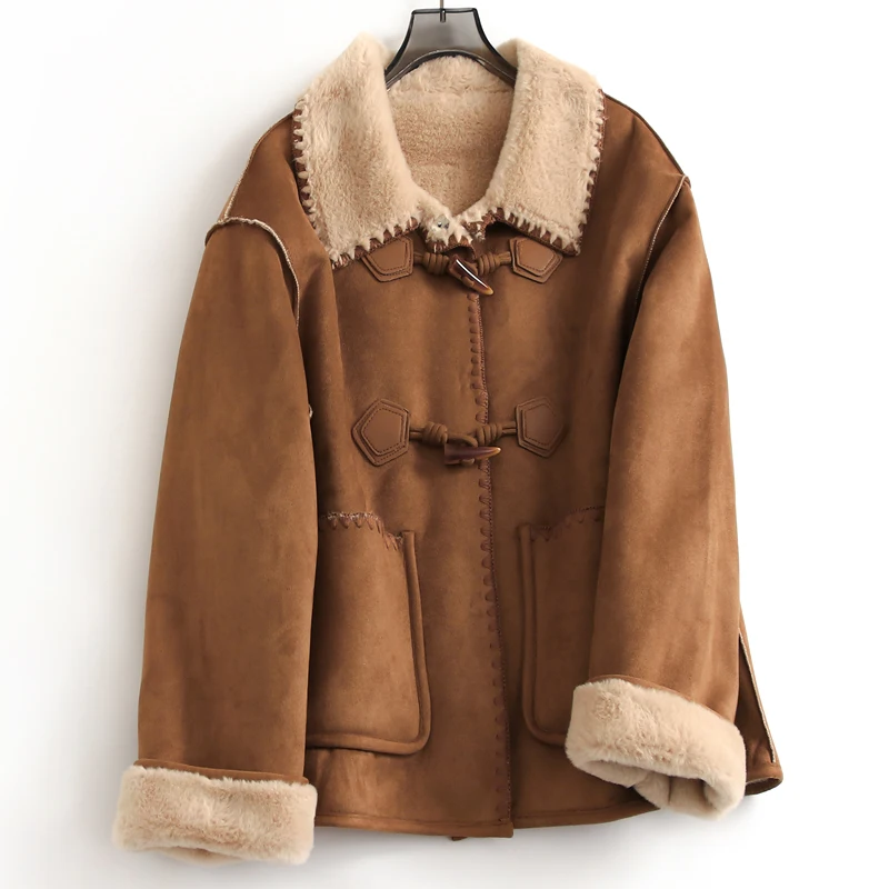 

Новая зимняя женская укороченная куртка из искусственной кожи с двусторонним мехом, однобортное укороченное пальто с накладными карманами