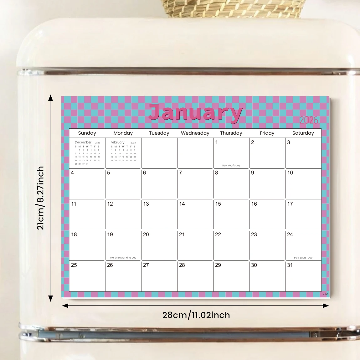 تقويم الثلاجة المغناطيسي الملون لعام 2026 - وسادة مخططة شهرية لمدة 12 شهرًا، تصميم شبكة باستيل لطيف