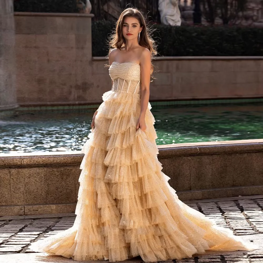 Fashion Champagne Evening Dresses with Sequined Sleeveless Tiered Prom Gowns for Girls 2026 Summer New Robe De Soirée