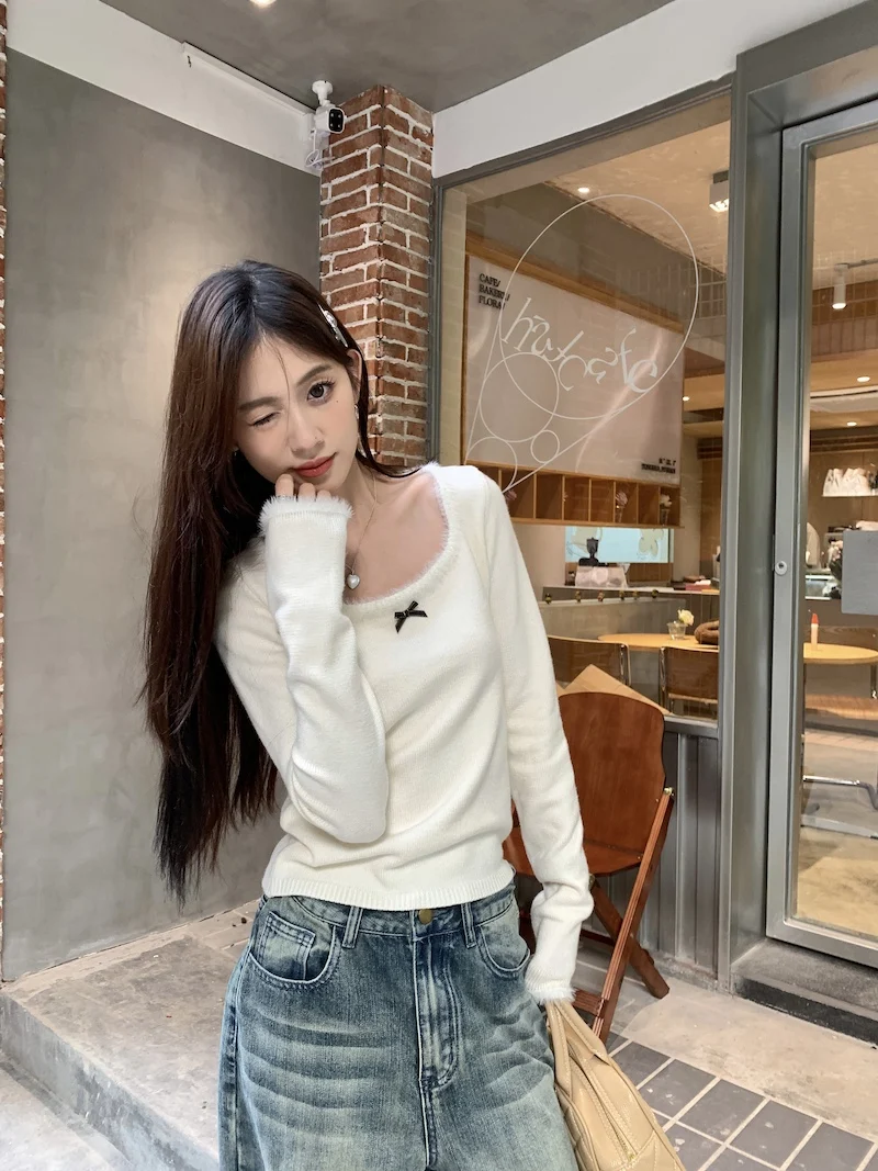 Women Long Sleeve Pullover Tops Square Collar Slim Knit Sweater Autumn and Winter New Sweet Gentle Wind Casual Sweater