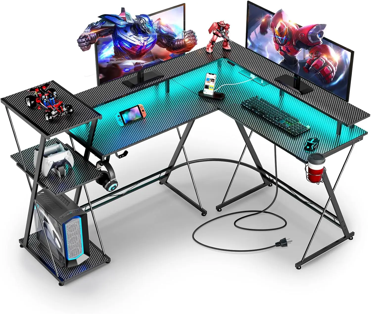 SEVEN WARRIOR L Shaped Gaming Desk with LED Lights & Power Outlets, 50” Reversible Computer Desk with Storage Shelf