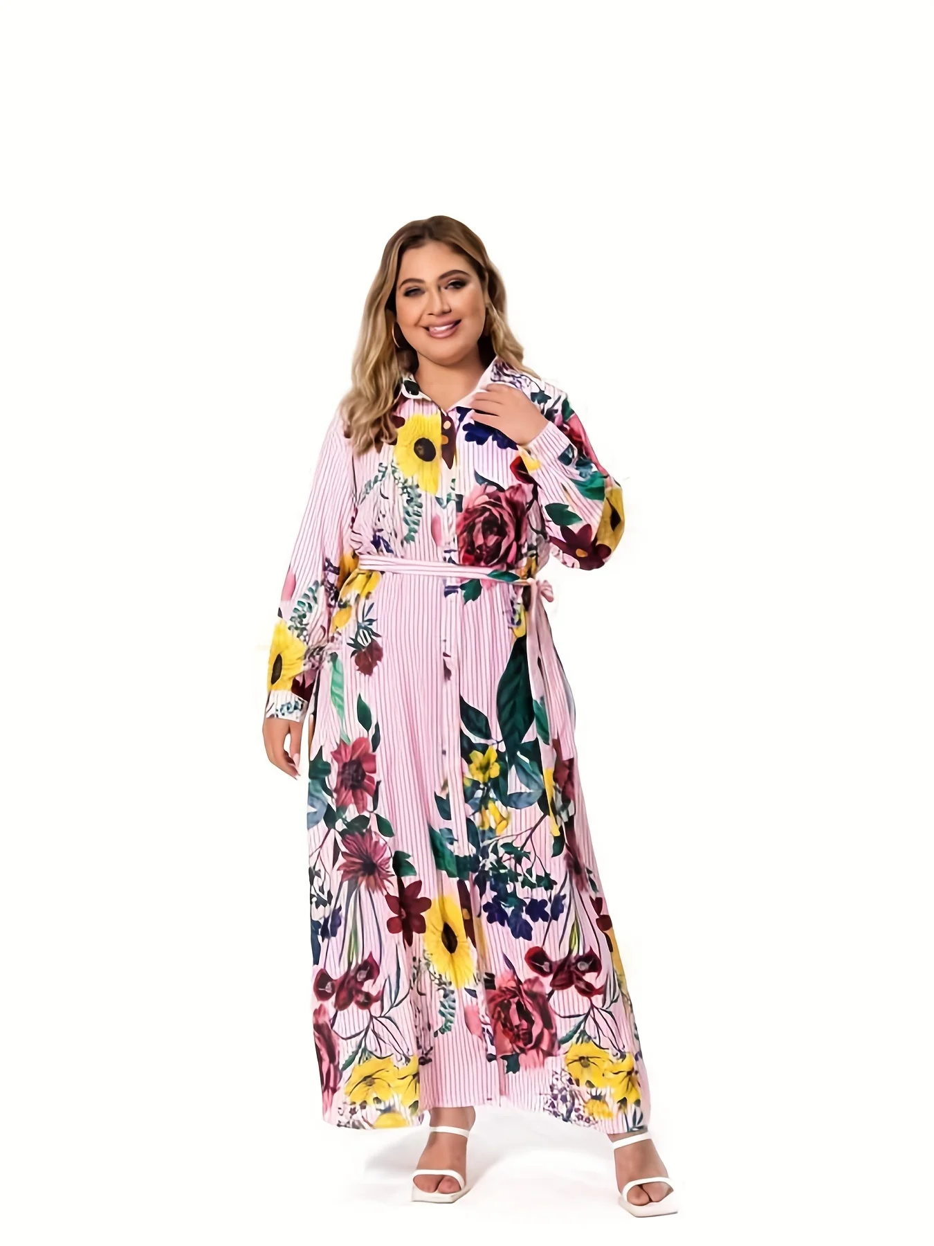 

Плюс размер платье-рубашка с цветочным принтом женское платье макси с длинным рукавом и поясом в стиле бохо платье для гостей в саду Бесплатная доставка