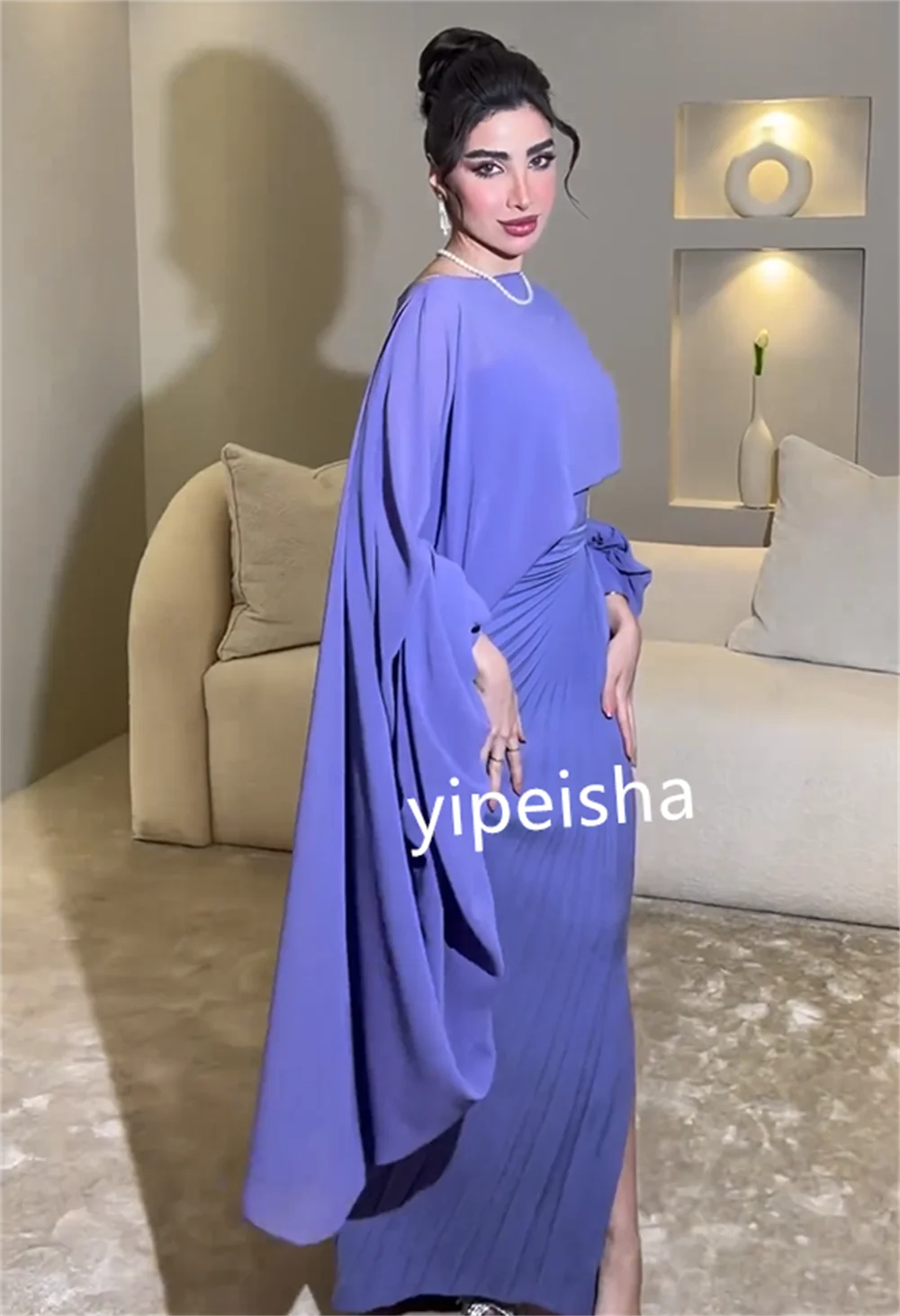 Customized Simple Jersey Pleat Straight Boat Neck Midi Dresses Prom Dresses High Quality Chinese Style Matching Classic