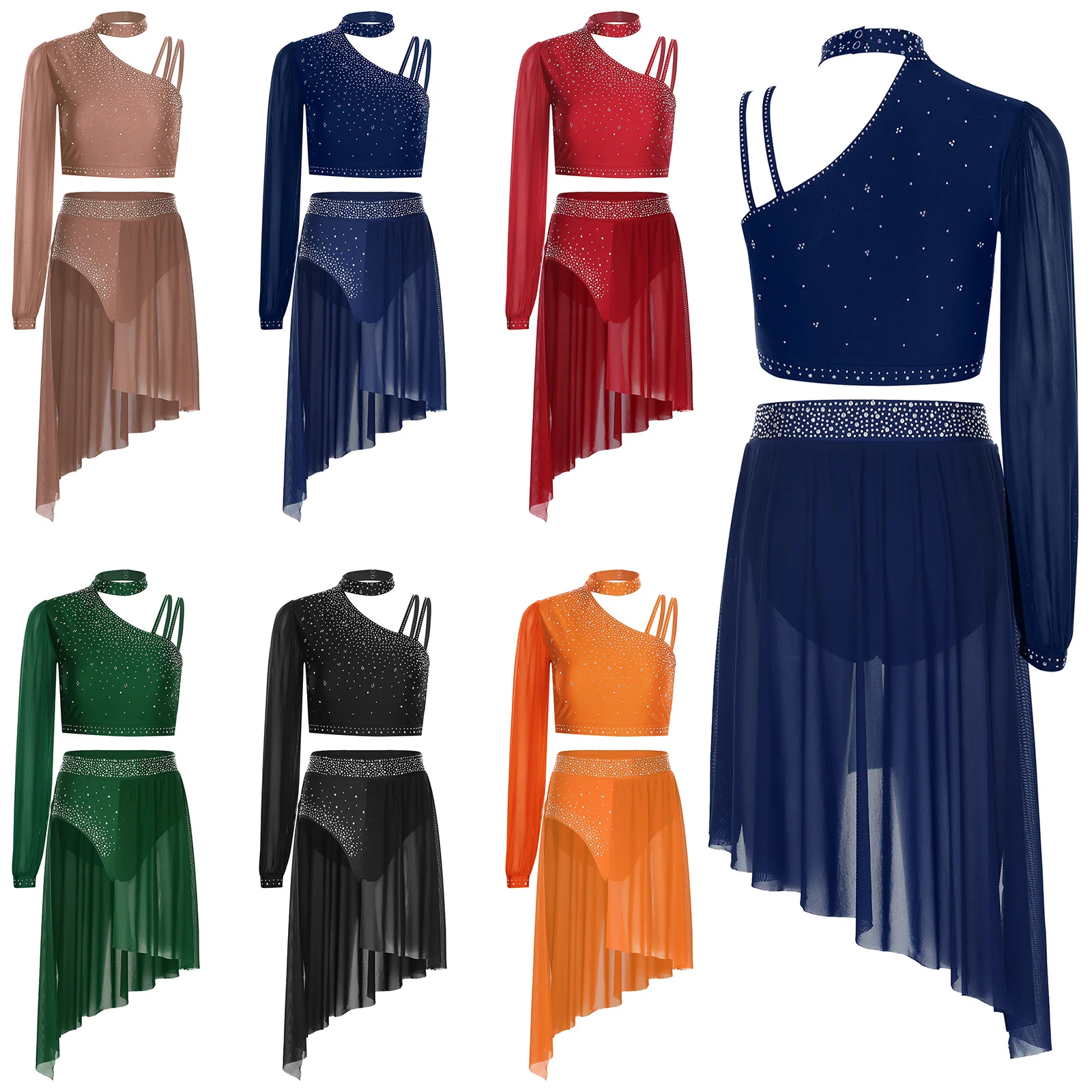 Womens Lyrical Modern Latin Dance Outfit Costume Figure Skating Ballroom Dancing Dress Stage Performance 2Pcs/set Dancewear