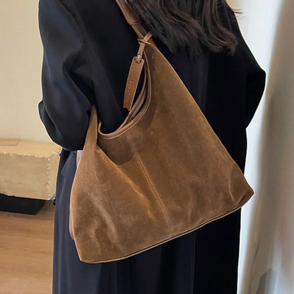 Bolso tote de ante de estilo coreano, de color liso, hecho de cuero sintético, de gran capacidad, ideal para llevar al hombro o bajo el brazo, perfecto para actividades al aire libre.