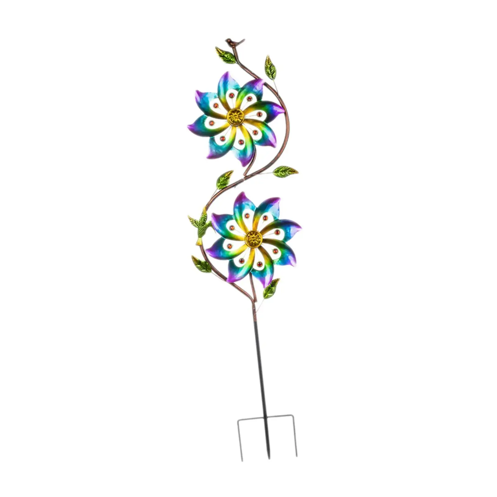 Double Flower Wind Sculpture Wind Spinner Craft Artwork with Ground Stake Easily Install Yard Ornament Multi Colored 9.8x43inch