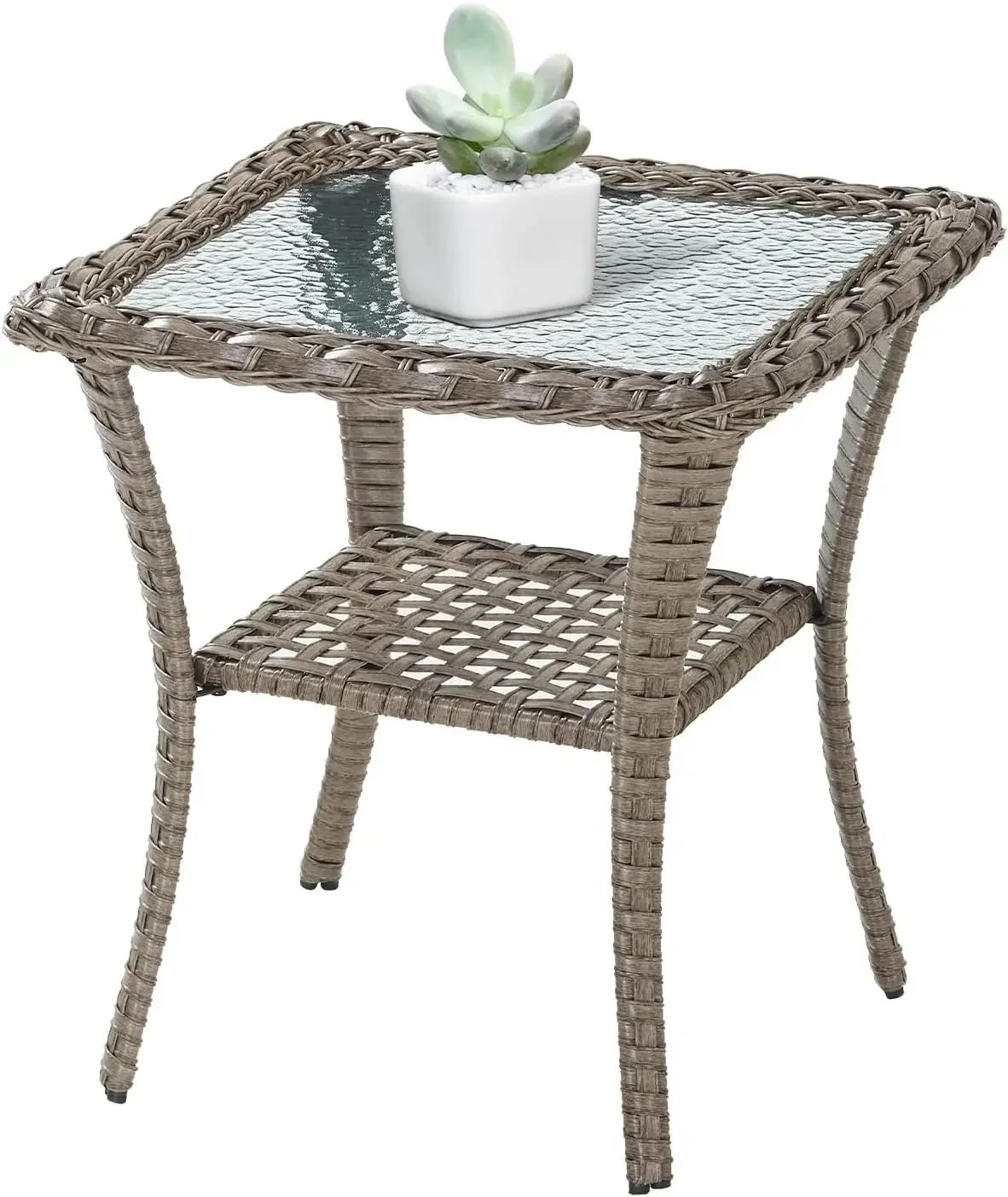Handwoven Wicker Side Table - 20 Inch Small Outdoor Table 2 Tier Storage with Tempered Glass Top, All Weather Outdoor Patio End