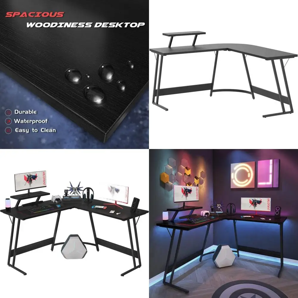 

Large L-Shaped Gaming Desk with Monitor Riser for PC Gaming and Home Office, Sturdy Black 51 Inch