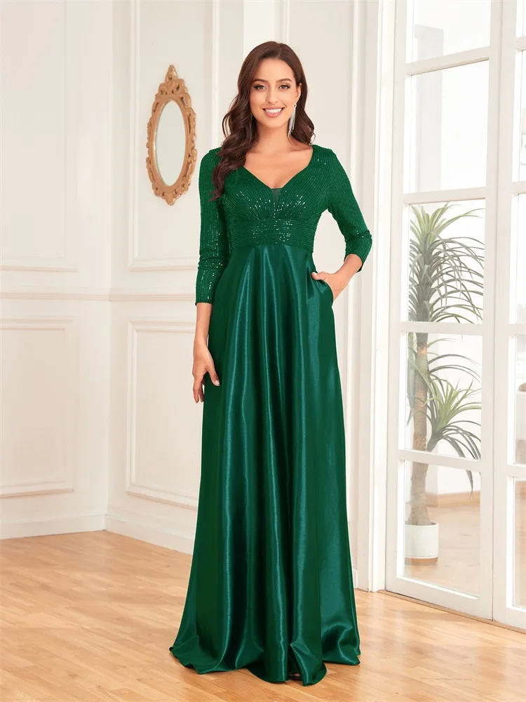 

Lucyinlove Luxury Deep V-Neck Sequins Green Evening Dress 2024 Women Elegant Wedding Party Long Prom Cocktail Dress