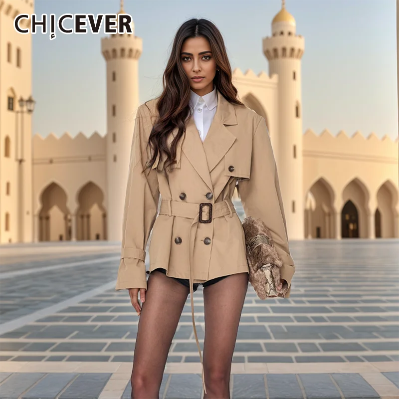 

CHICEVER Solid Spliced Belt Short Trench Coat Women Lapel Patchwork Double Breasted Long Sleeve Windbreaker Casual Jacket Female