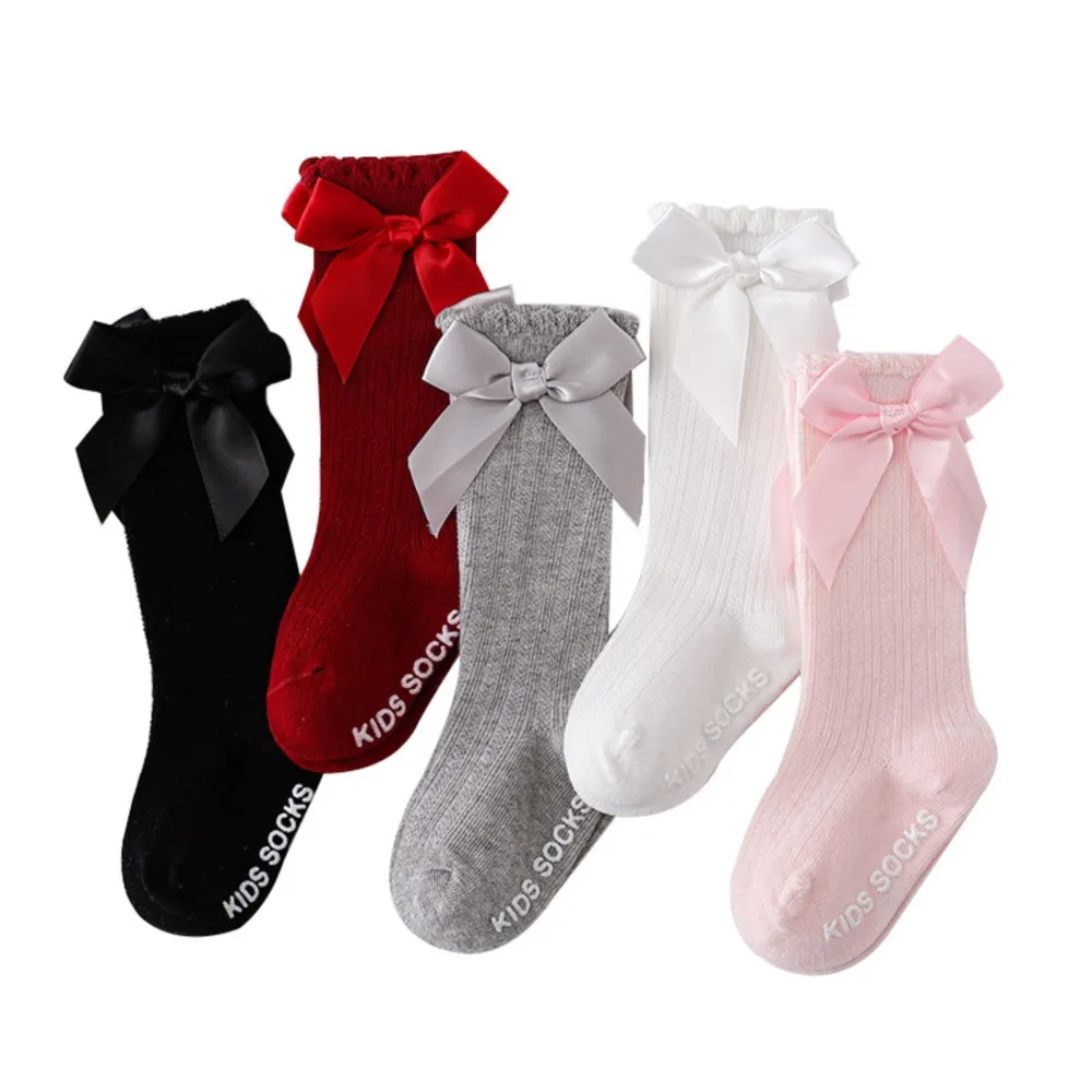 Chaussettes en maille avec gros nœud papillon pour nouveau-né fille, bas de couleur pure, chaussettes hautes au genou, article pour tout-petits