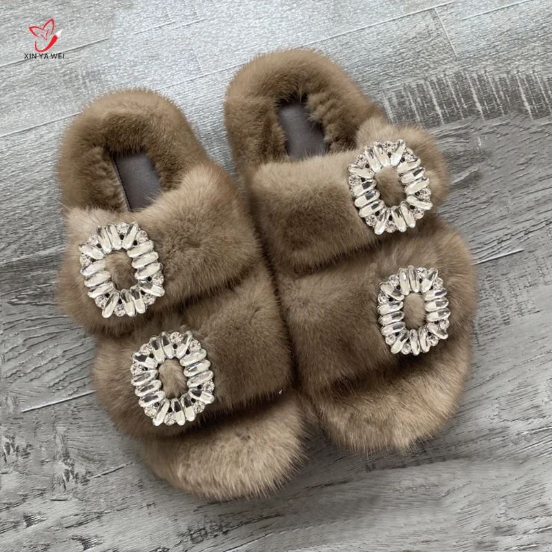 2024 Women\'s Fur Slippers Female100% Real Mink Fur Slippers European Station Ladies Flat Heel Women Shoes Fashion Luxury Slipper