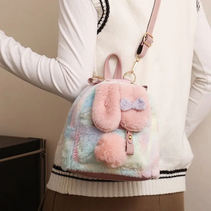 Mochila de felpa con Orejas de conejo para niñas, de gran capacidad bolsa pequeña, suave y esponjosa, para ocio, compras, moda urbana