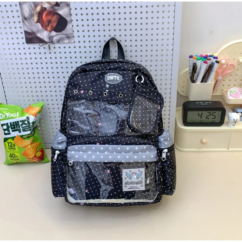 Modischer Rucksack mit transparentem Sichtfenster, großes Fassungsvermögen, gepunktete Schultasche für Teenager-Mädchen, leichte Büchertasche – Detail 9