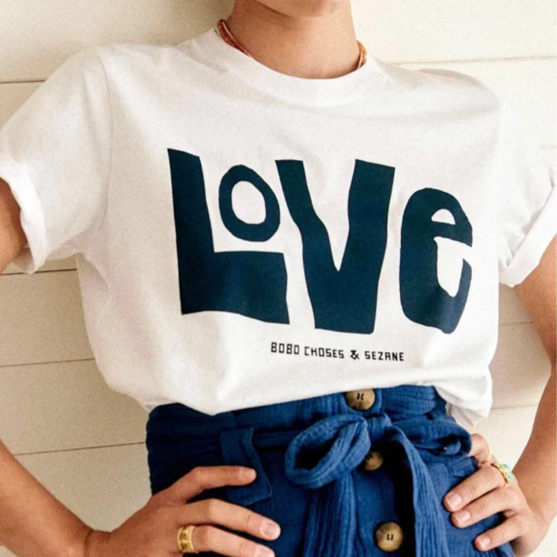 Big Love Letters Printing Women White Graphic Tees Summer Short Sleeve Loose Cotton O Neck Tops Ins Fashion 90s Chic T Shirts