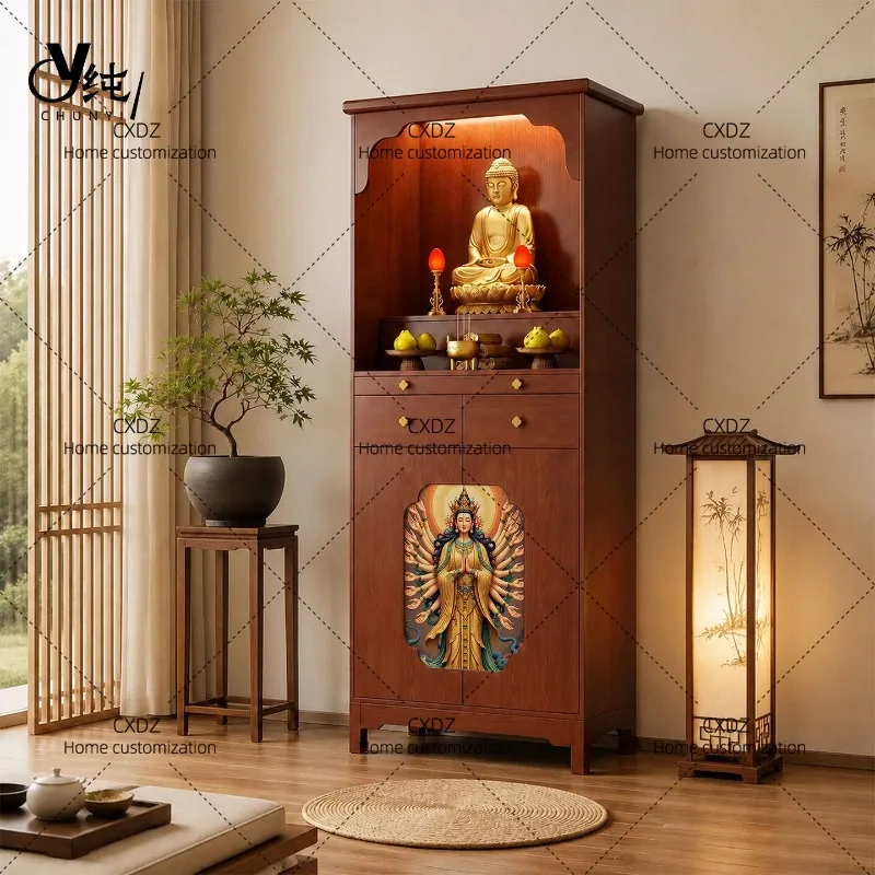 Thousand-handed Guanyin Bodhisattva Buddha statue, water and land painting, solid wood casket, new Chinese Buddhist cabinet