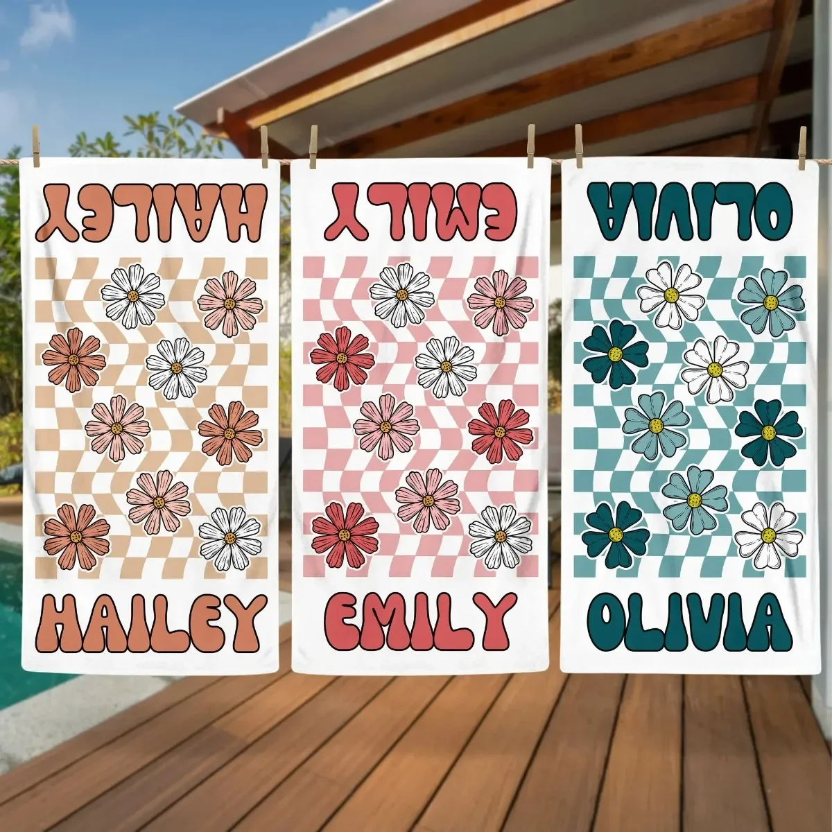 Colored Checkered Flower Name Towel Microfiber Font, Personalized Beach Towel, Bath Towel, Swimming Pool  Name