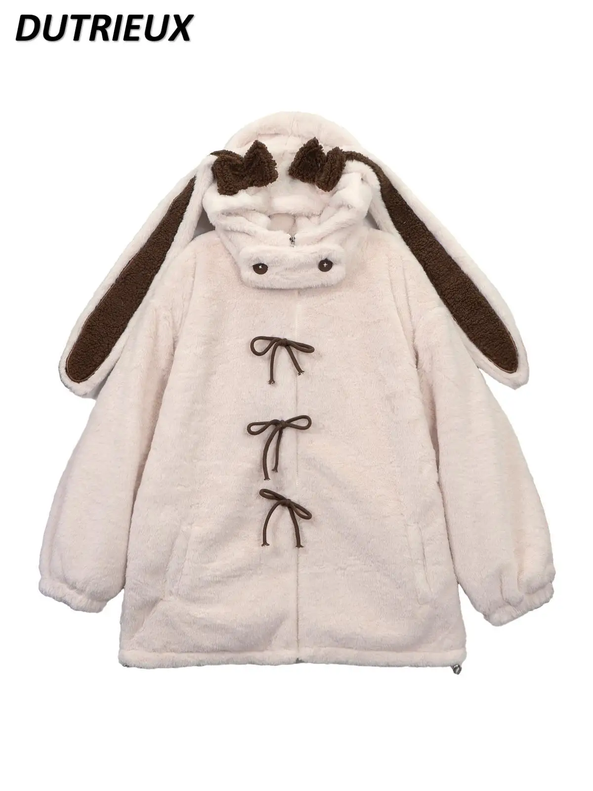 

Sweet Cute Loose Jacket Fashion Long Ears Hooded Plush Thickened Lolita Casual Coat Female Winter Warm Coats for Women
