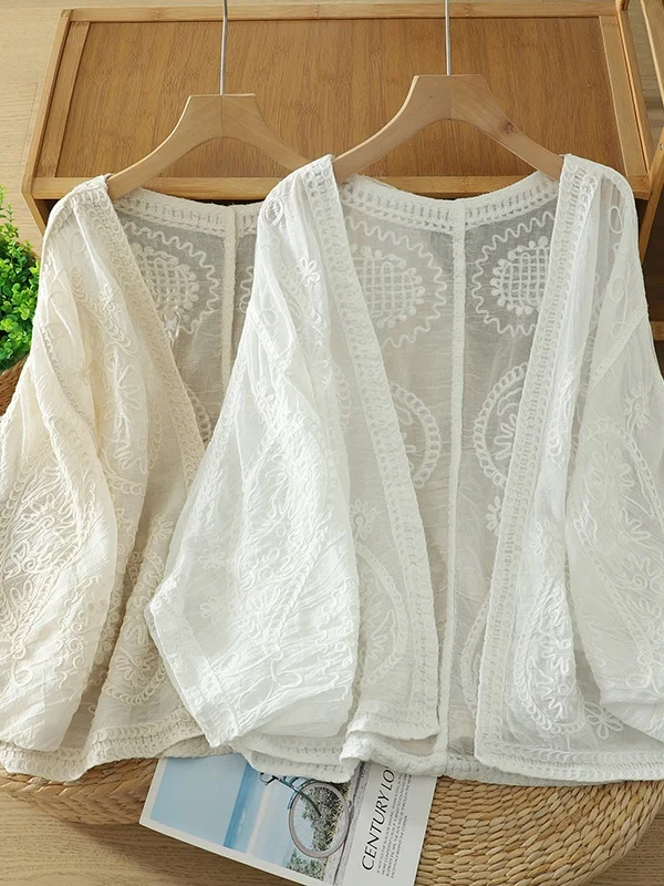 

Loose Batwing Sve Embroidered Open Cardigan for Women Sli Artistic Sle Summer Outerwear Casual Versatile Top