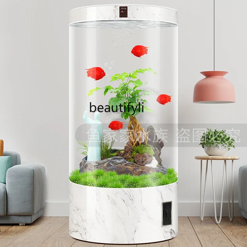 Living room cylindrical fish tank, full round glass aquarium, smart home floor goldfish tank H