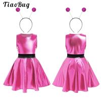 Girls Shiny Outerspace Astronaut Alien Robot Cosplay Costume Metallic Sleeveless A-Line Dance Dress for Carnival Party Halloween