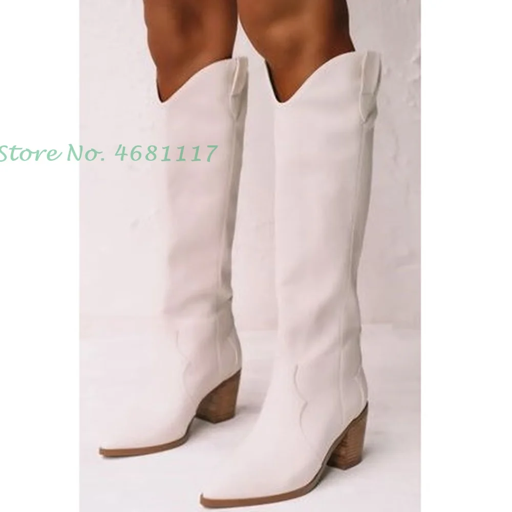 White Leather Knee High Boots High Heels Chic Pointy Toe Slip On Long Boots Wood Heels Fashion Women British Style Spring Boots