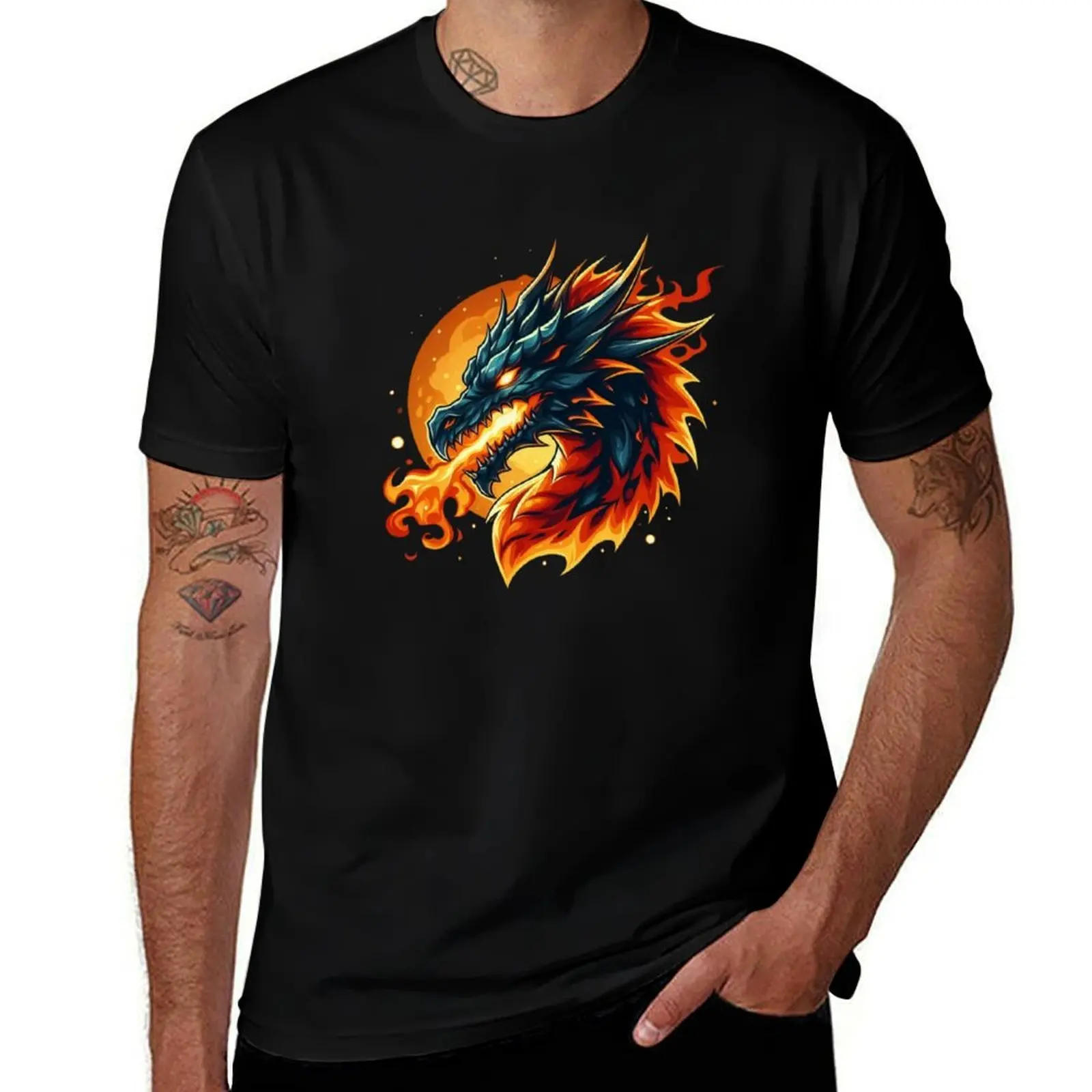 Fiery Dragon Artwork Mythical Fire-Breathing Beast Design T-Shirt Construction Work Tee Shirt T-Shirt