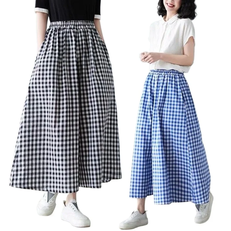 M-3XL Pantaloni scozzesi a gamba larga Donna Moda estiva Lunghezza caviglia Casual Elegante stile coreano Temperamento All-match Comodo Baggy