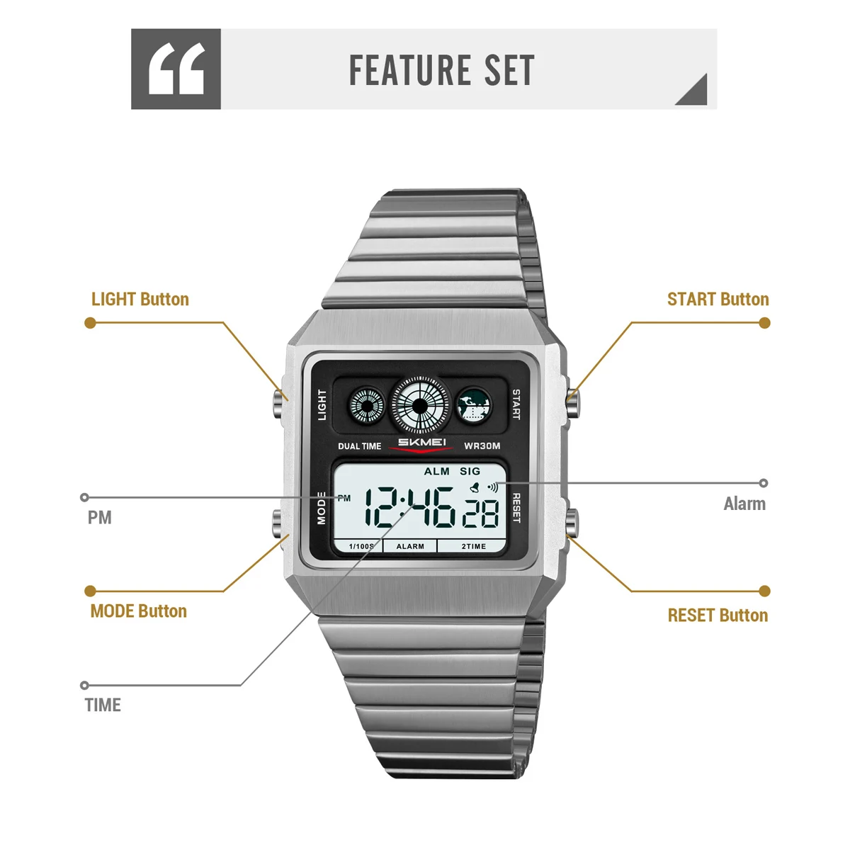SKMEI 2450 Hombre Week Clock Back Light Wristwatch Mens Business Metal Digital Simple Square Watches For Men Countdown Stopwatch - view 5